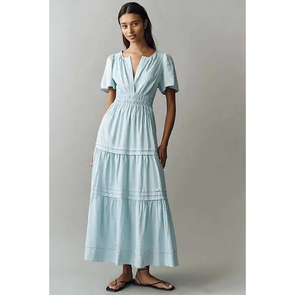Anthropologie Maxi Dress Womens Medium Sky Blue Linen Blend Tiered Smocked Puff